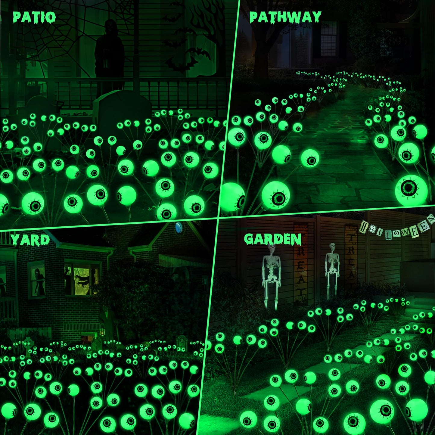 Brizlabs 8 Pack 48 Led Halloween Solar Lights  2 Modes Outdoor Halloween Eyeball Pathway Lights  Solar Spooky Light Waterproof  Green Swaying Firefly Lighting For Path Yard Garden Lawn