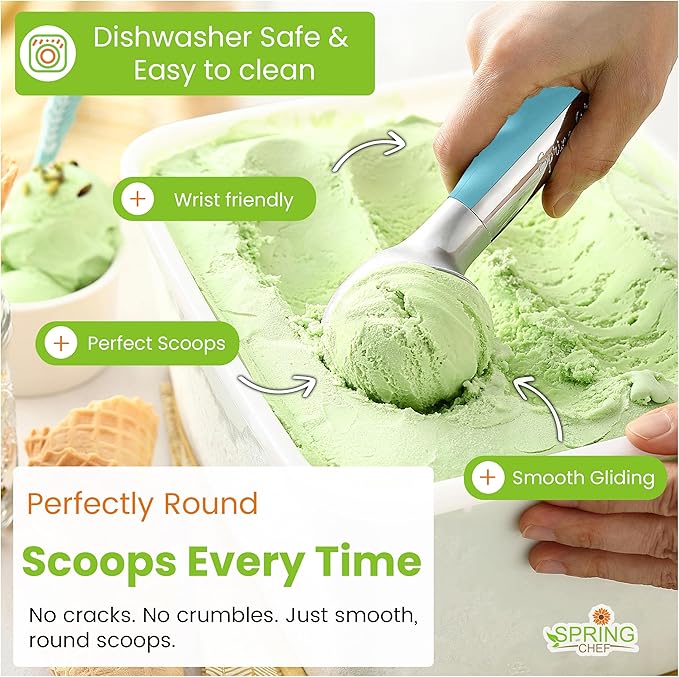 Spring Chef Heavy Duty Metal Ice Cream Scoop - Dishwasher Safe Ice Cream Scooper, Commercial Icecream Scoop Spade, Professional Kitchen Tool for Gelato, Melon, Sundae, Cookie Spoon - Aqua Sky