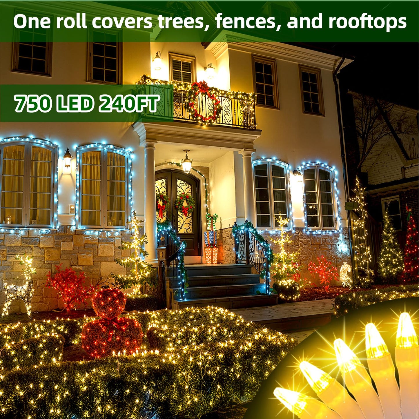 750 Led Chrstmas Lights  240Ft Outdoor Christmas String Lights With 12 Modes  Warm White Led String Lights With Timer Dimmable Waterproof For Tree Fence Garden Xmas Wedding Party Decor Warmwhite
