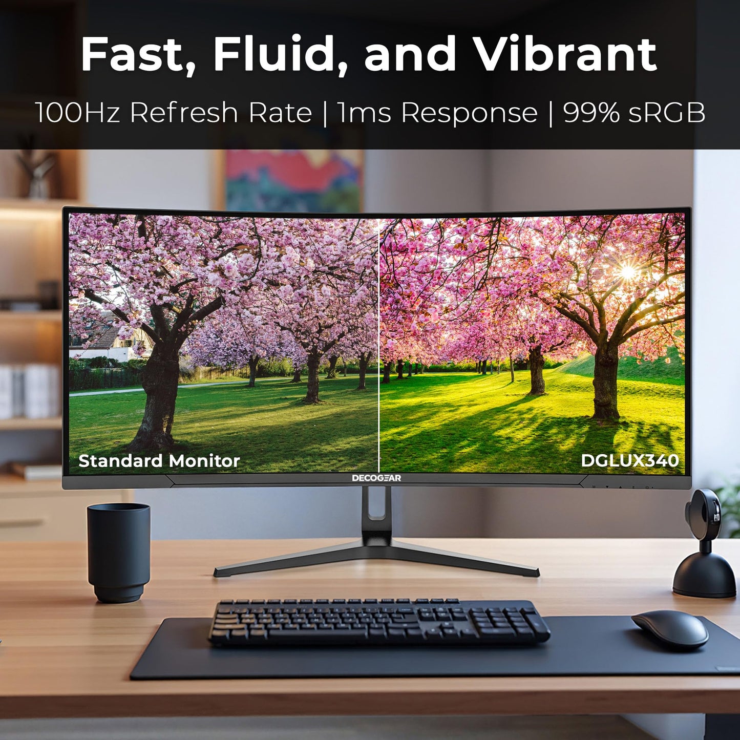 Deco Gear 34” Curved Ultrawide Business Monitor | 3440x1440, 100Hz, 1500R, 99% sRGB | Adjustable Stand, 2 HDMI and 2 DisplayPort | HDR, Low Blue Light, PIP/PBP