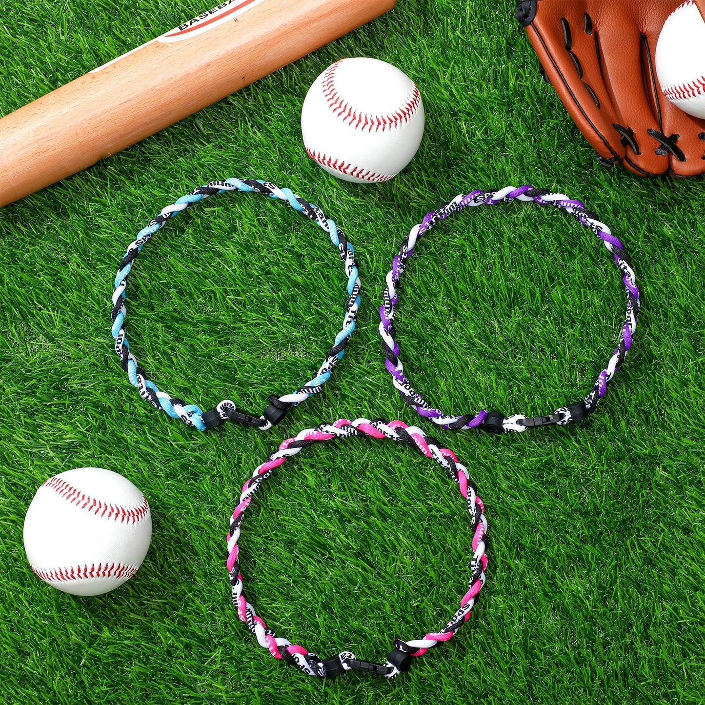 Junkin 3 Pcs Baseball Necklaces Three Braided Rope Titanium Necklace for Team Gifts Boys Men Player Softball Fans Sports (Elegan