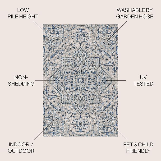 JONATHAN Y SMB105B-4R Estrella Bohemian Medallion Textured Weave Indoor/Outdoor Area Rug, Coastal, Traditional, Vintage for Bedroom, Kitchen, Living Room, Easy-Cleaning, Navy/Gray, 4' Round