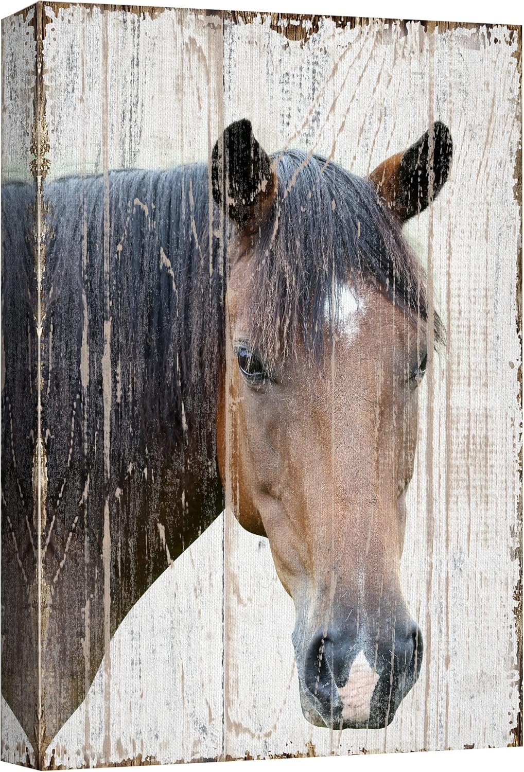 wall26 Canvas Print Wall Art Horse Portrait on Distressed Wood Panels Animals Wildlife Digital Art Realism Rustic Scenic Nature Photography Colorful for Living Room, Bedroom, Office - 12"x18"