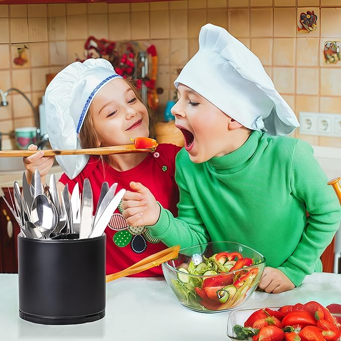 Kitchen Utensil Holder Extra Large Rotating For Counter Organizer Stainless Steel Storage Cooking Silverware Caddy 3 Compartment Flatware Spoon Spatula Tool Cutlery Container（2 Set Black）