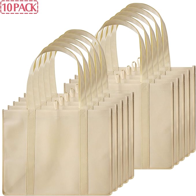 DIOMMELL 10 Pack Reusable Grocery Bags Extra Large Super Strong Heavy Duty Shopping Tote Bags with Reinforced Handles, Beige