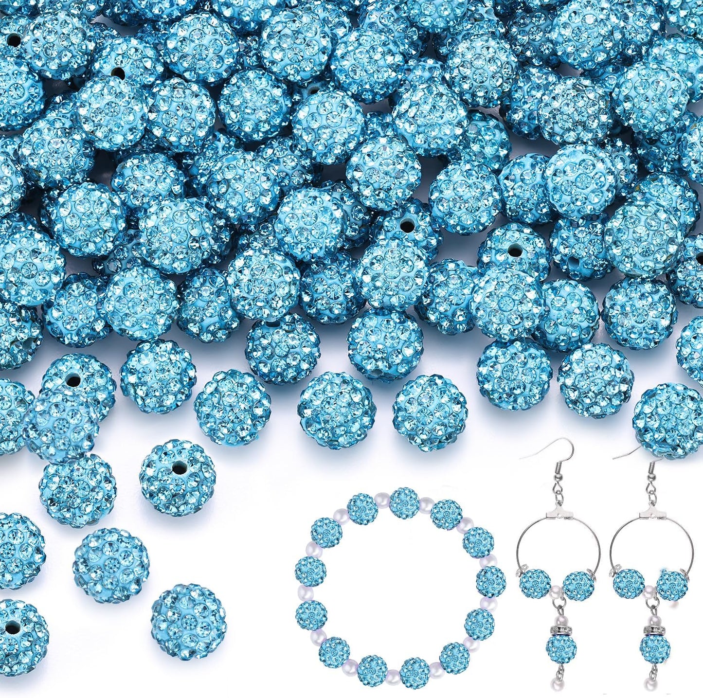 150 pcs 10mm Rhinestone Beads for Jewelry Making, Aquamarine Shiny Round Shamballa Disco Beads Bulk, Sparkle Crystal Clay Christmas for Bracelet Baseball Necklace Earring Crafting and DIY