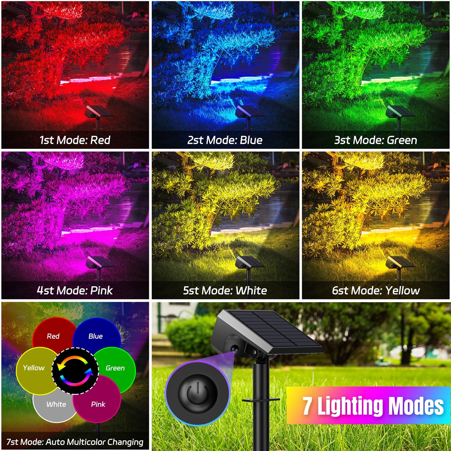 Flaow Solar Spot Lights Outdoor Color Changing, [6 pack/28 LED] 7 Modes Auto On/Off Solar Landscape Spotlights, Ip67 Waterproof Solor Powered Pathway Lights for Outside Yard Garden Walkway Tree Patio