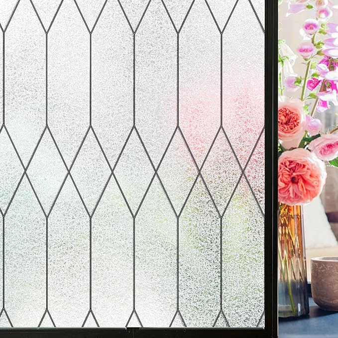 Windimiley Window Privacy Film Stained Glass Static Clings, Bathroom Frosted Leaded Decorative Window Stickers, UV Heat Blocking Opaque Removable for Home Door Coverings (17.5 x 118.1in,Pure)