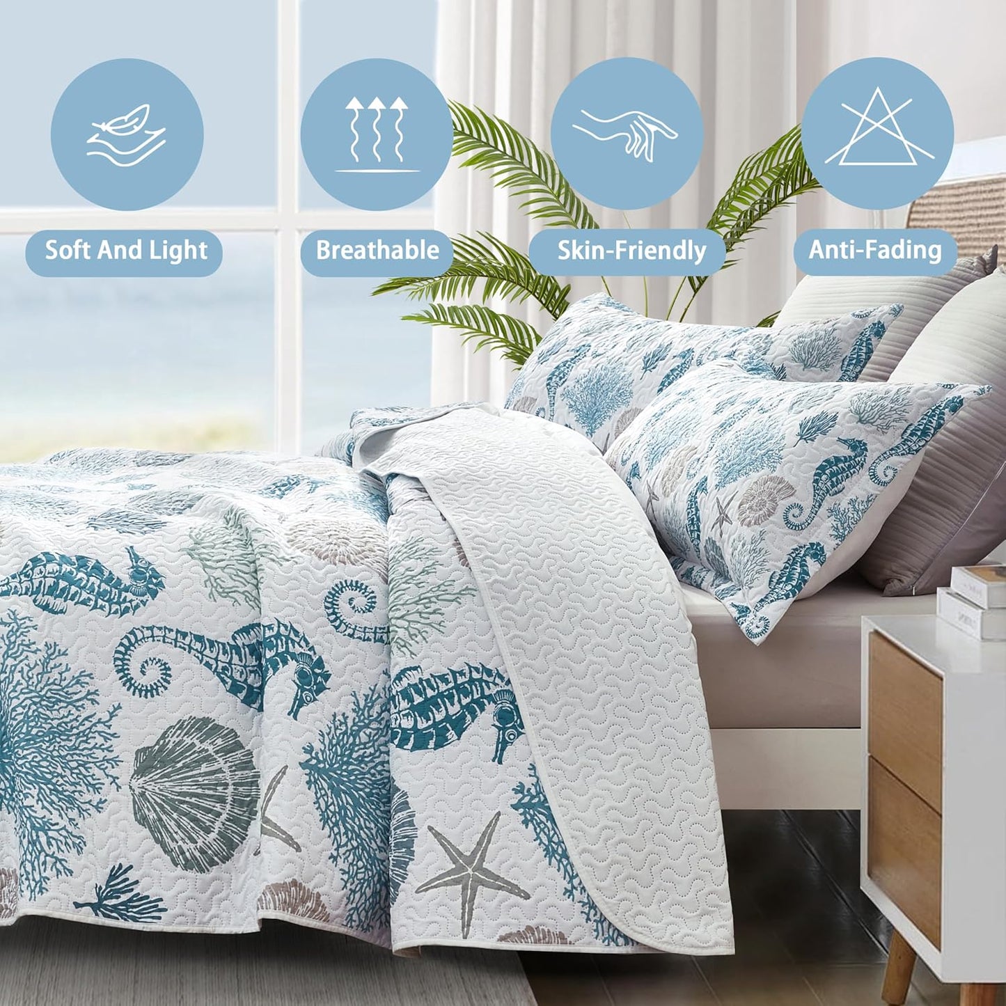 Coastal Bedding Twin Size Coastal Quilt with Shams, Nautical Beach Comforter Sets Ocean Bedspreads Blue Seahorse Coverlet Summer Bedding, 68''x86''