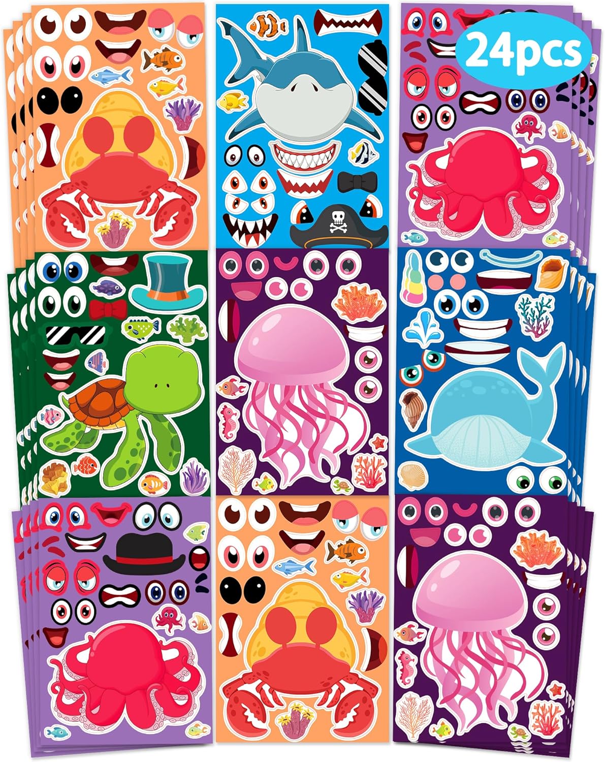 24 Pcs Make Your Own Sea Animal Sticker Sheets for Kids with Animal Party Favors Face Stickers for Toddlers Crafts Activities Gift Bags Birthday Party Favors for Kids