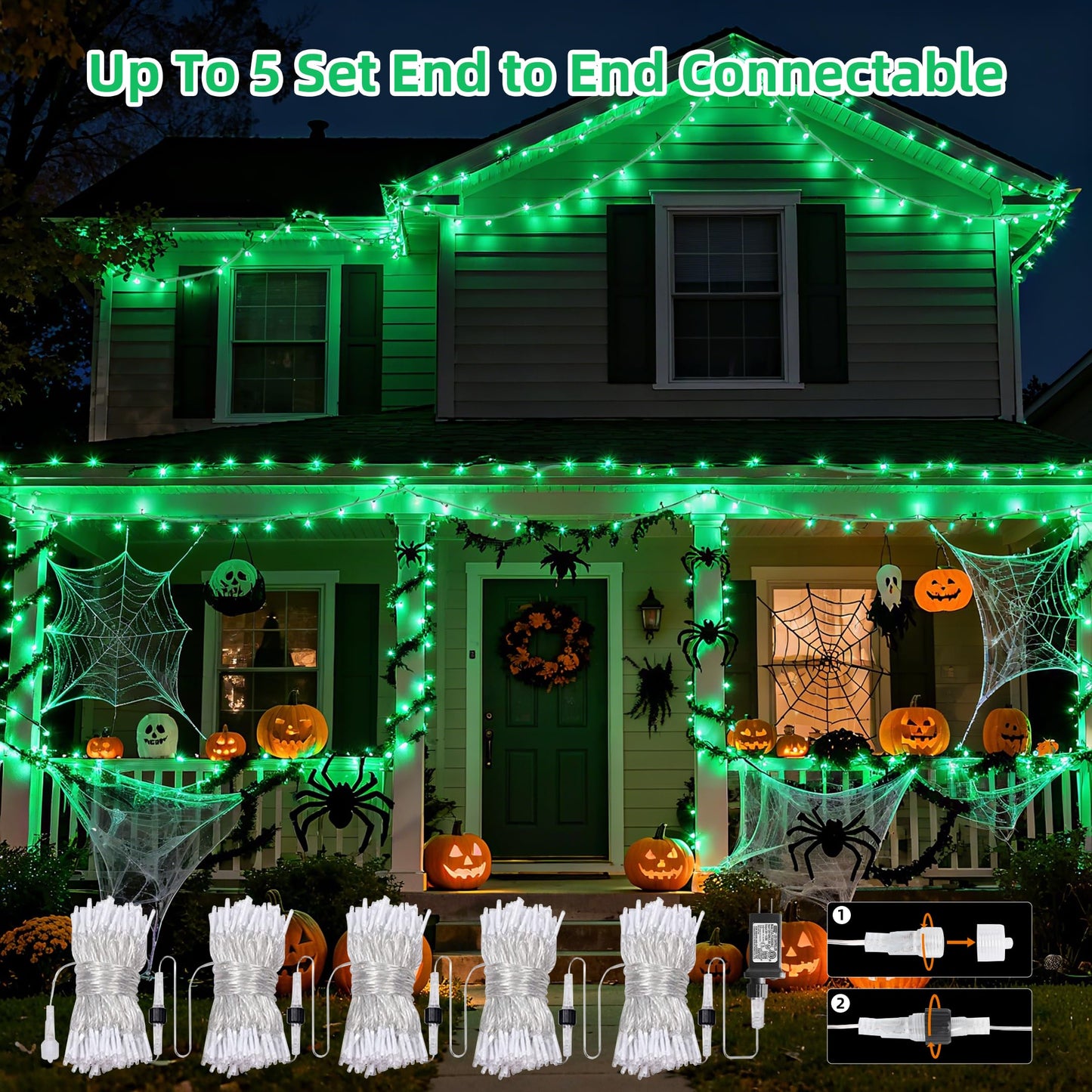 Vtechology 66Ft 200Led Green Christmas Tree Lights Plug In Connectable Green Halloweenlights 8 Modes String Lights Indoor Outdoor For Party Bedroom Garden Decor (Clear Wire)