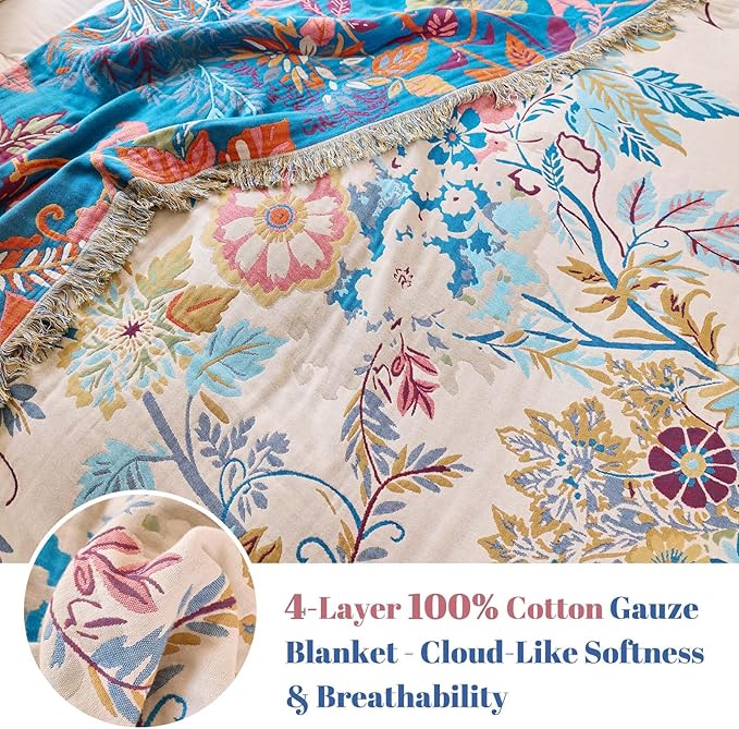 MSGKV Boho Throw Blanket for Couch Cotton Floral Blanket 50"x60" Throws for Sofa Chair Muslin Breathable Lightweight Farmhouse Blankets Home Decor All Seasons