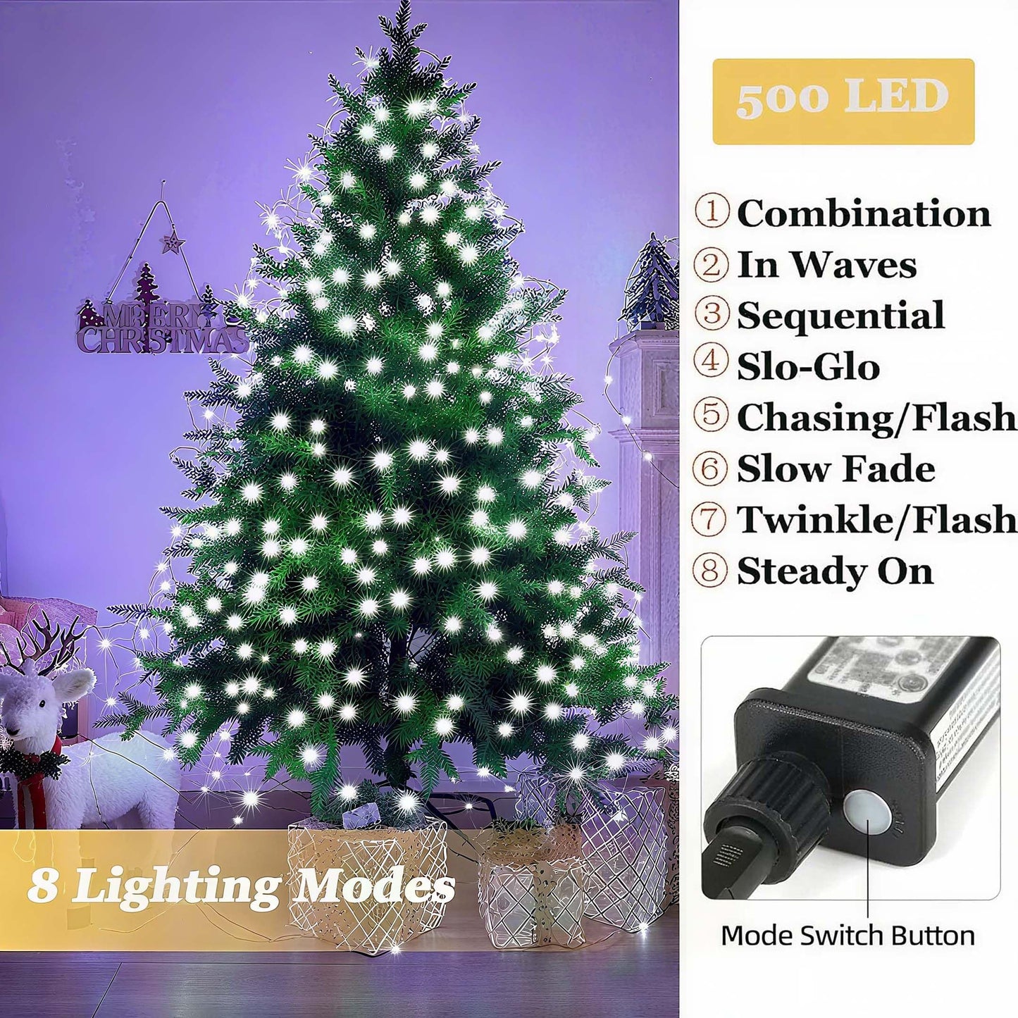 Tcamp Christmas Lights - 164ft 500 LED White String Lights, 8 Modes, Timer, Green Wire, Model QL300AE