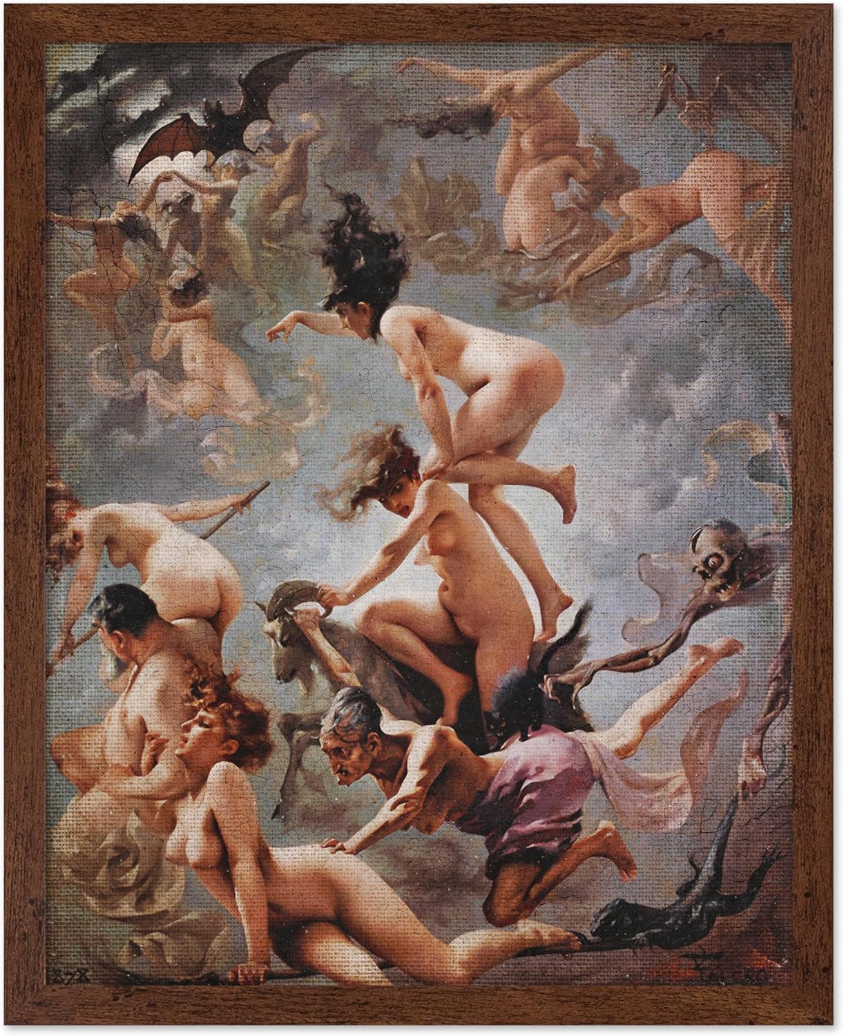 Poster Master Vintage Luis Ricardo Falero Poster - Retro Occult Print - Gift for Gothic, Horror Fan - Witches Going to their Sabbath, Pagan - Wall Decor for Bedroom, Dorm, 11x14 Brown Framed