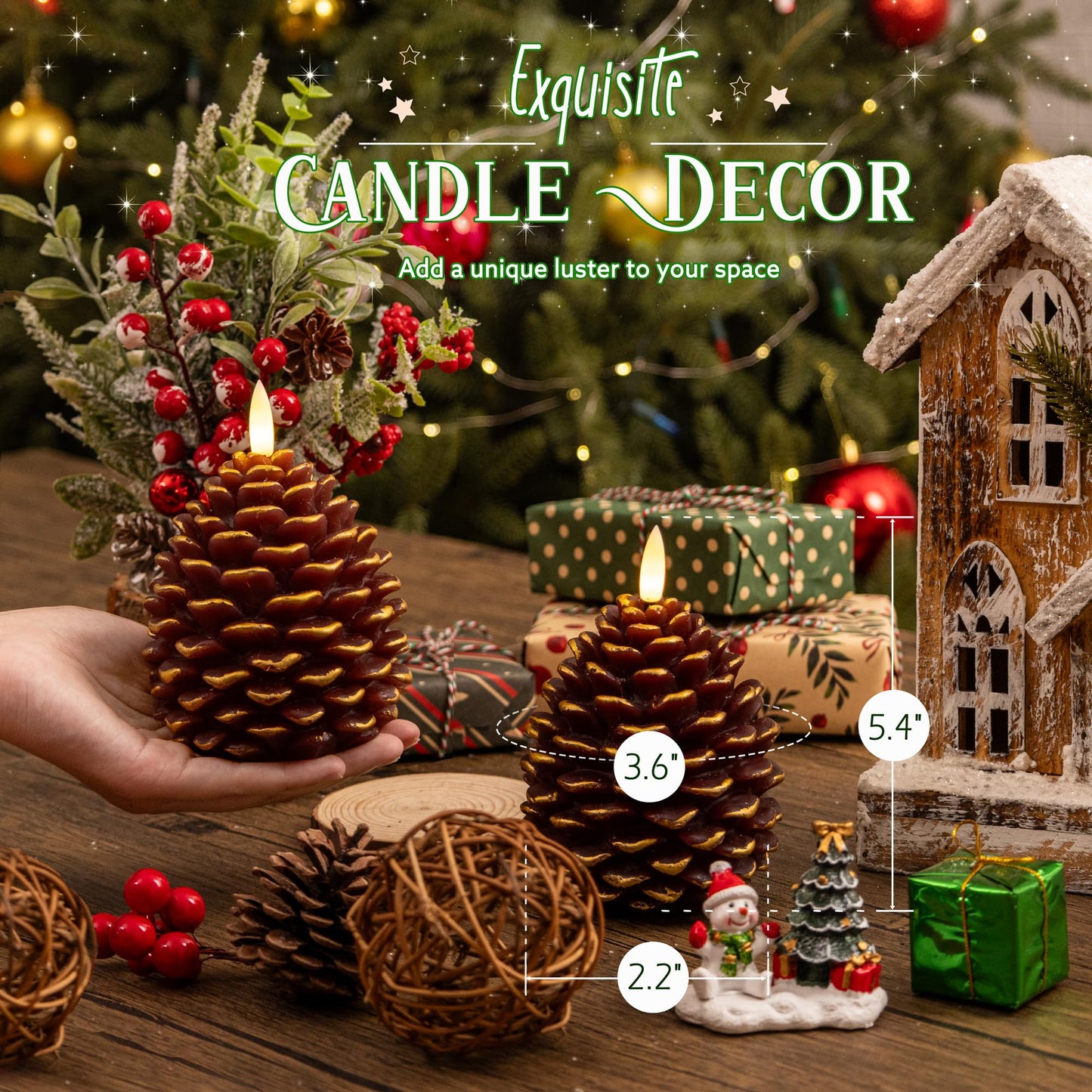 AFINETH Christmas Flameless Pinecone Candles with Remote, Real Wax Battery Operated Pine Cone Candles, 2 Pack Flickering Led Candle Christmas Decorations for Winter Home Holiday Xmas Gift, Brown