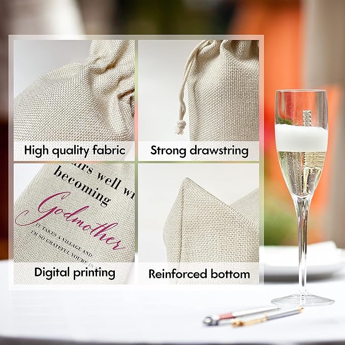 Godmother Wine Gift Bags - Gift for Godmother, Aunt, Godparent, Baptism - Reusable Burlap With Drawstring Gift Bag (5.5"x 13.5")-1 Pcs/jiu070