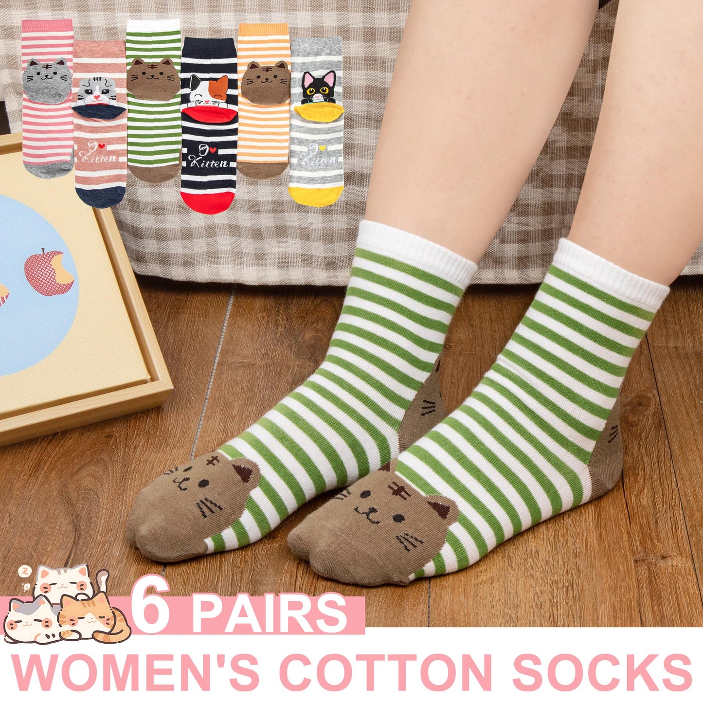 6 Pairs Women's Cute Cat Socks Gifts, Funny Novelty Animal Print Crew Cotton Socks Christmas Gifts for Women Girls