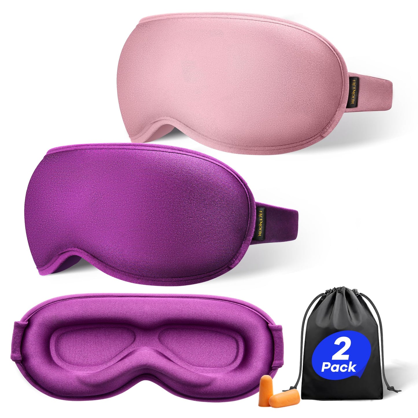 Weighted Sleep Mask 2 Pack - 3D Contoured Eye Masks for Sleep, Best Blackout Sleep Masks for Women Men, Eye Mask for Travel, Meditation, Airplane, Memory Foam, Adjustable Strap, Pink, Purple
