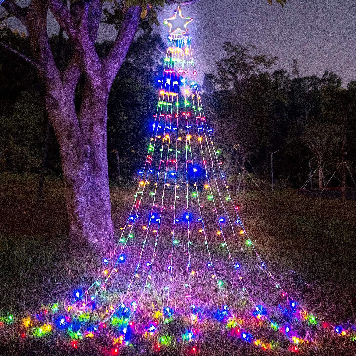 FUNIAO Christmas Decoration Lights, 320 LED Waterproof String Lights, Multicolor, Iron Star Topper, Model YLS1000WD01