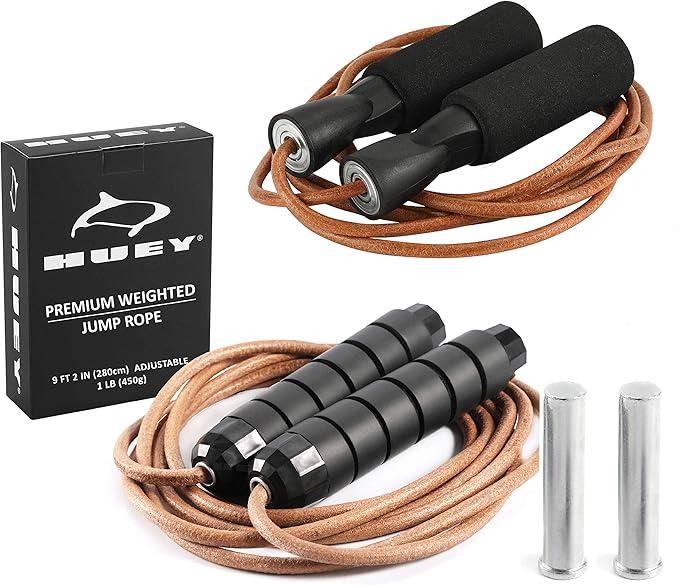 HUEY Sport Leather Jump Rope Set | 5.5 ounce & 1 pound Combination | Adjustable Skipping Rope for Speed Quiet Training Box...