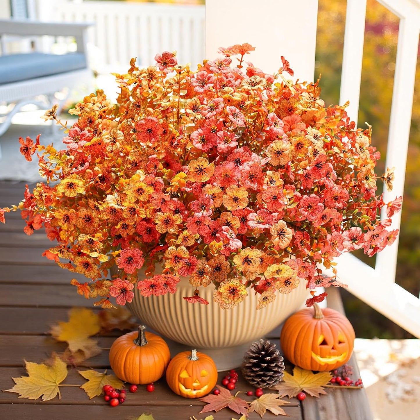 Artificial Fall Flowers Faux Mums for Outdoor Indoor Garden Home Decoration, Faux Flower Daisy with Eucalyptus Leaves Fake Mums Plants Greenery Boxwood Porch Patio, 12 Bundles