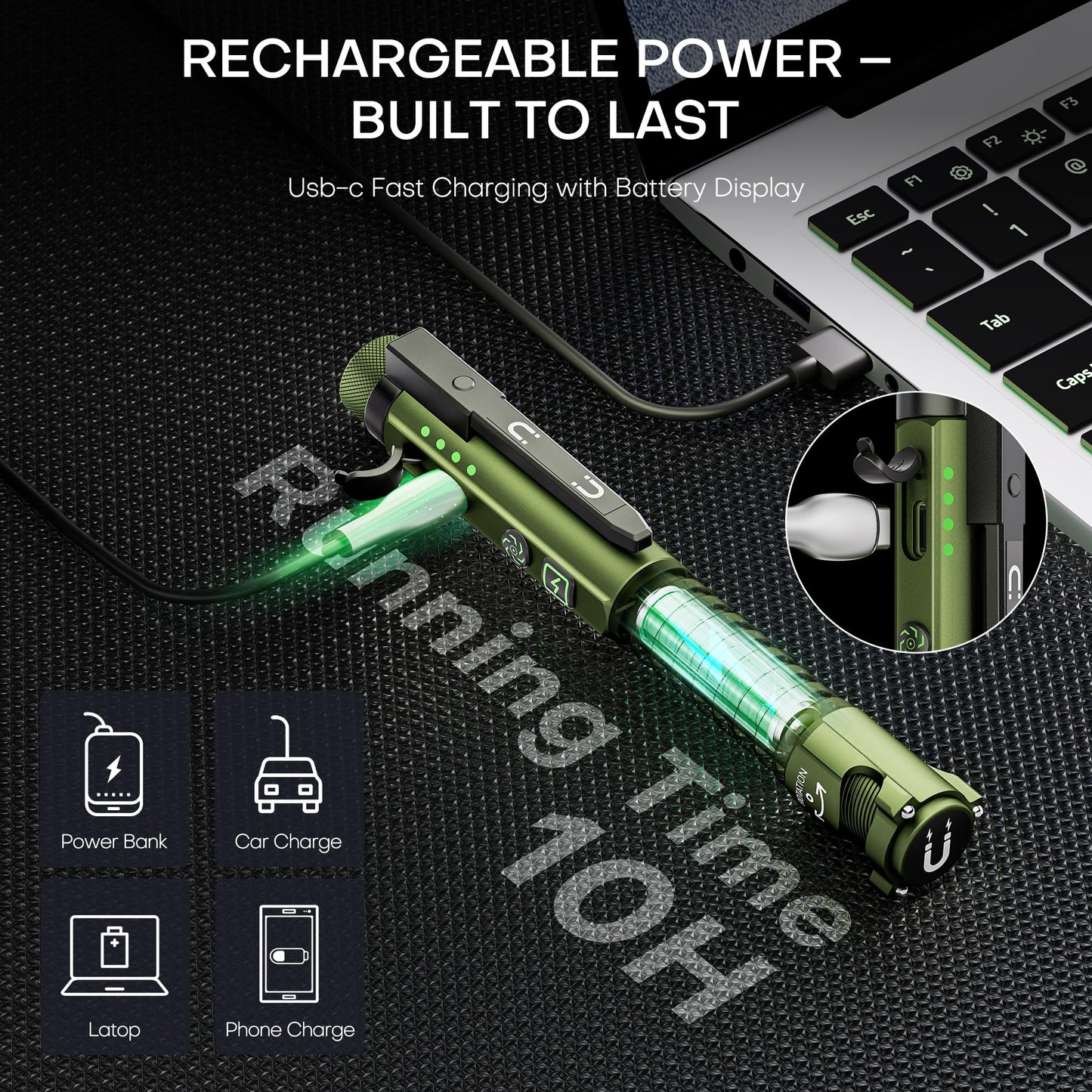 PASIION EDC Pen Flashlight, 800 Lumen, 11 Modes, USB-C, Magnetic Clip, Large, Green, Model FL03P