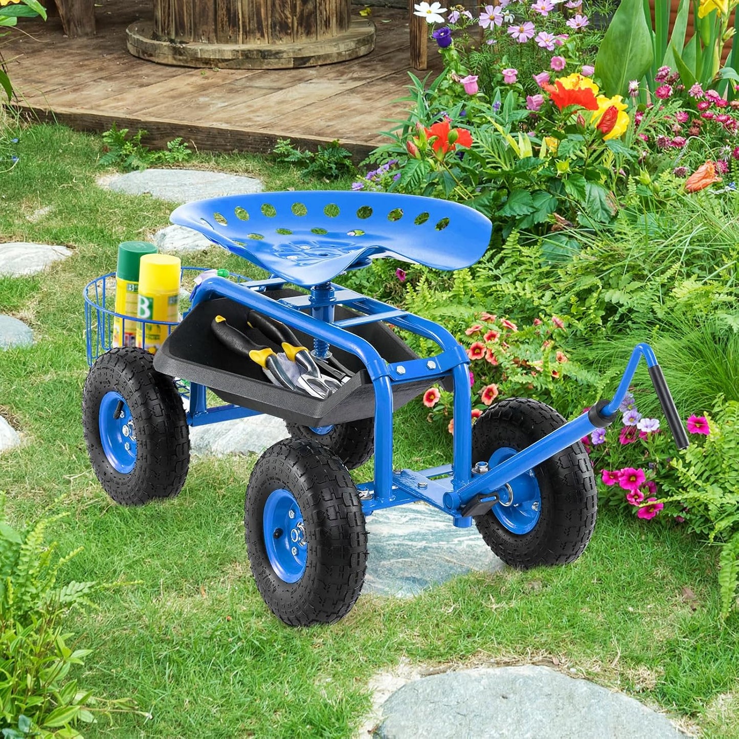 Rolling Garden Seat, Garden Stool with Wheels, Extendable Handle, Storage Basket & Tool Tray, Garden Scooter with 360 Degree Swivel Seat for Outdoor, Garden & Yard (Blue)