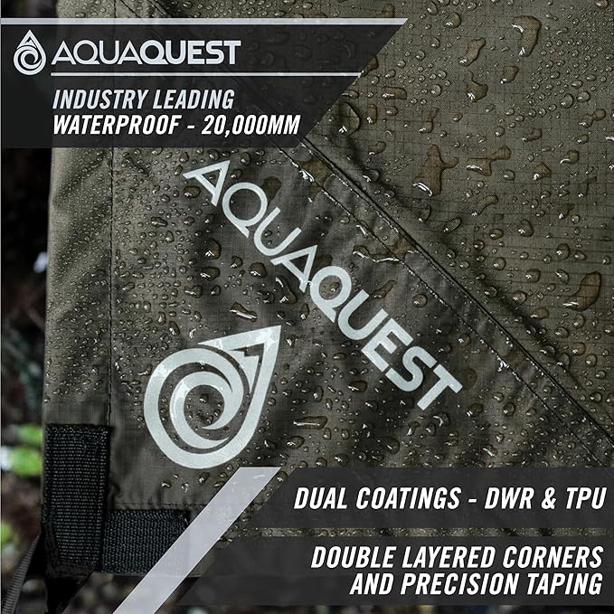AquaQuest Defender Camping Tarp - Heavy Duty Tent Shelter or Rain Fly - Waterproof Camping Essentials for Hiking, Bushcraft & Hammock, 10 x 10 ft, Olive Drab Kit