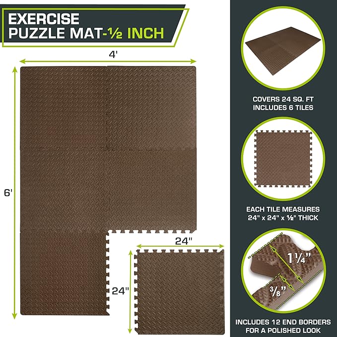 ProsourceFit Puzzle Exercise Mat ½ in, EVA Interlocking Foam Floor Tiles for Home Gym, Mat for Home Workout Equipment, Floor Padding for Kids, Grey, 24 in x 24 in x ½ in, 48 Sq Ft - 12 Tiles