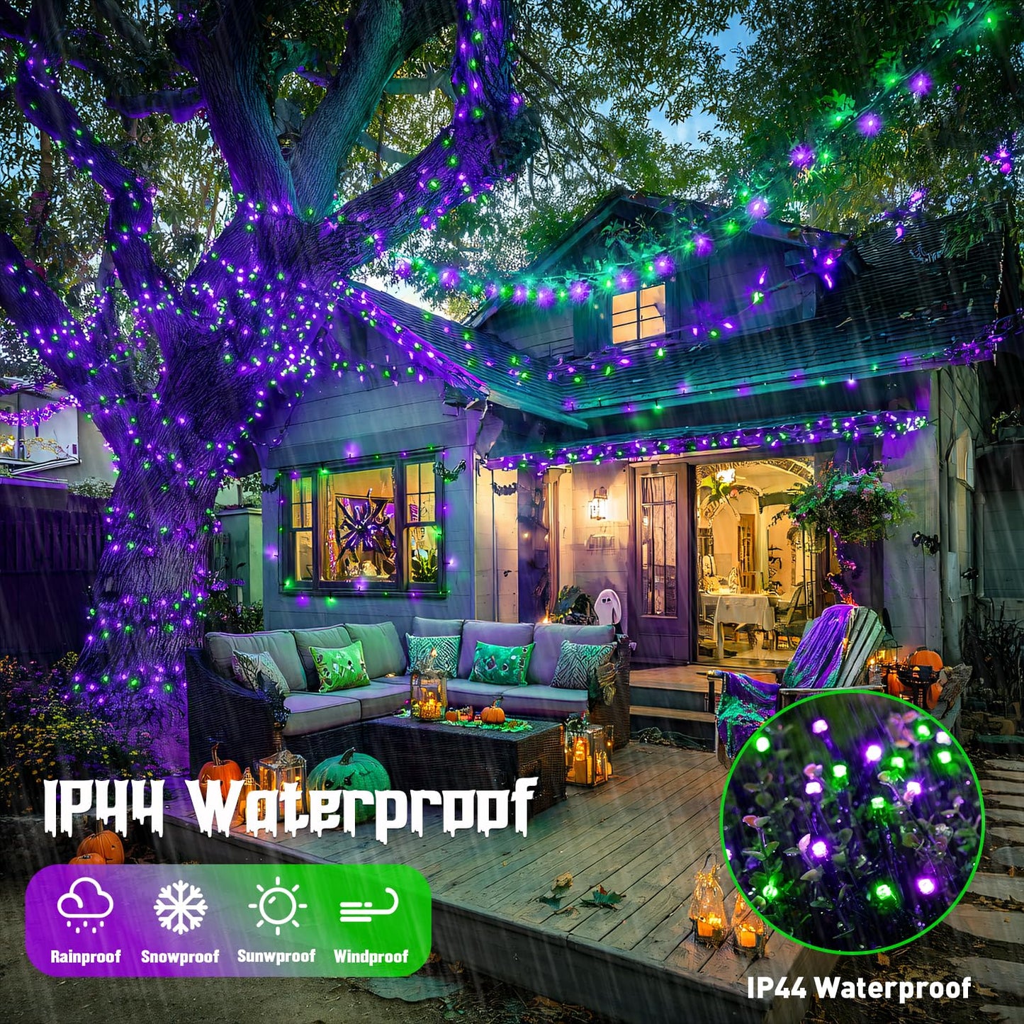JMEXSUSS 250 LED String Lights - Purple & Green, Waterproof, 8 Modes, Model EXS-S-0250, Ideal for Outdoor Party and Halloween Decorations