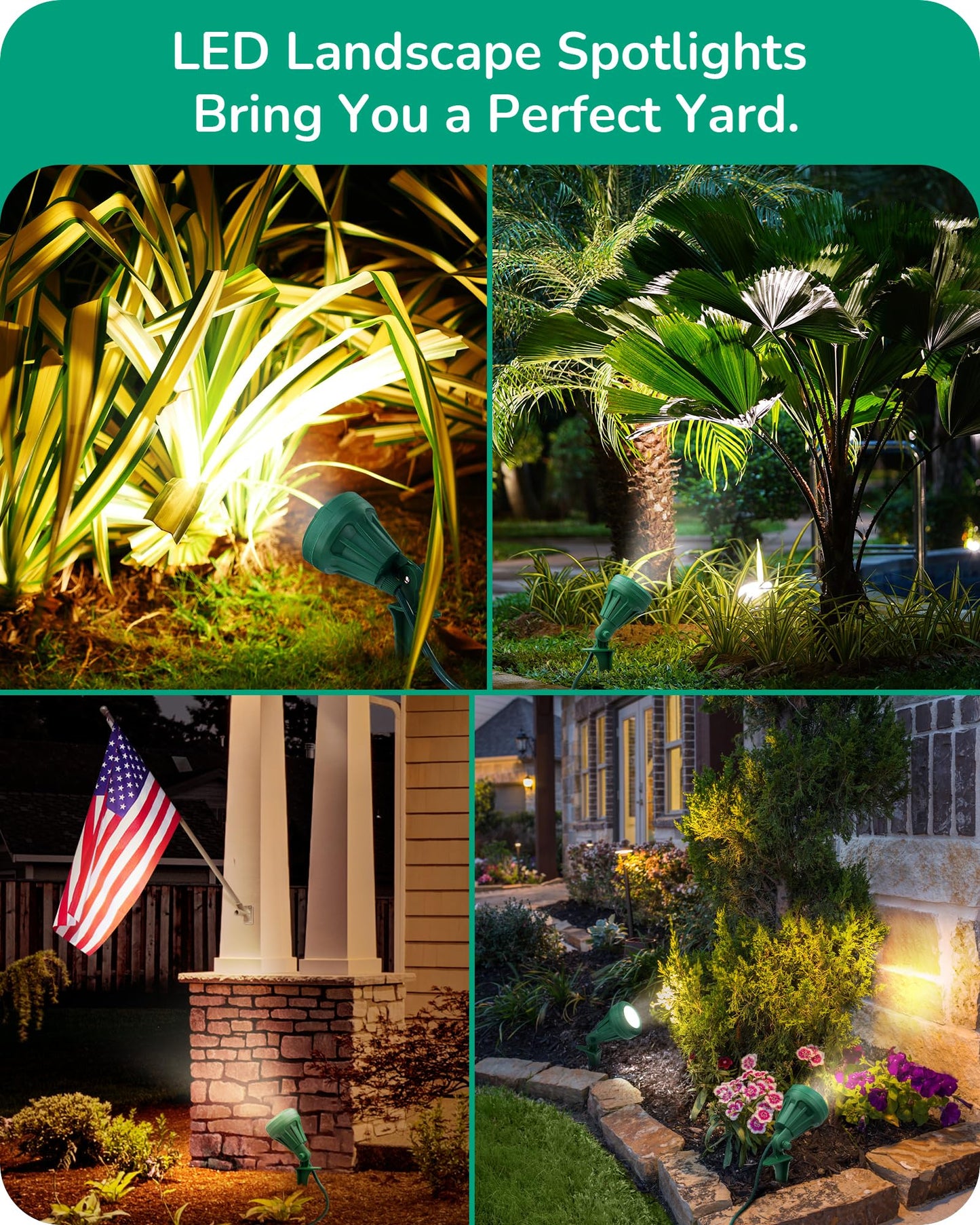 EDISHINE LED Outdoor Spotlights, 120V 5.5W Plug in Spot Light with 3 Lenses (Red Green Yellow), 180° Rotatable, 5000K, Waterproof Landscape Lighting for Flag Tree Garden, 2 Pack