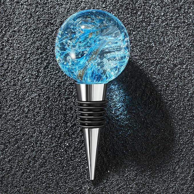 Murano Glass Wine Stoppers, Reusable Wine Bottle Stopper Champagne Stoppers, Perfect Kitchen Wine Decor Wine Accessories Gifts for Men and Women-（blue）