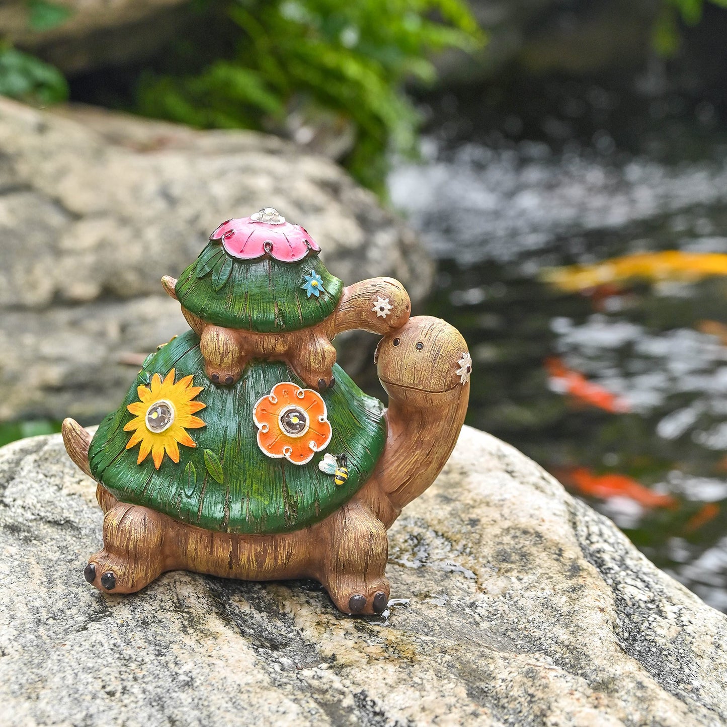 TERESAS COLLECTIONS Turtles Garden Decor, Waterproof Resin Statue, Medium Size, Green, Solar Light