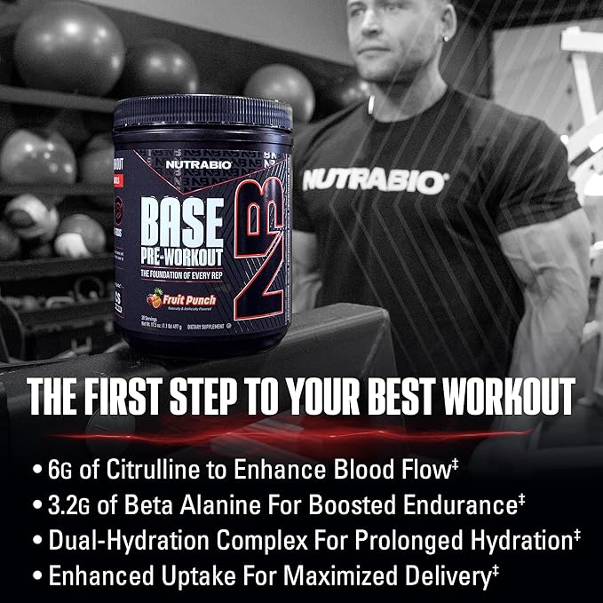 NutraBio Base Pre-Workout Powder 200mg Caffiene, Sustained Energy, Focus, Endurance, Pump, Sugar Free, Clean Preworkout for Men and Women - Beta Alanine, L-Tyrosine, 30 Servings - Blue Raspberry