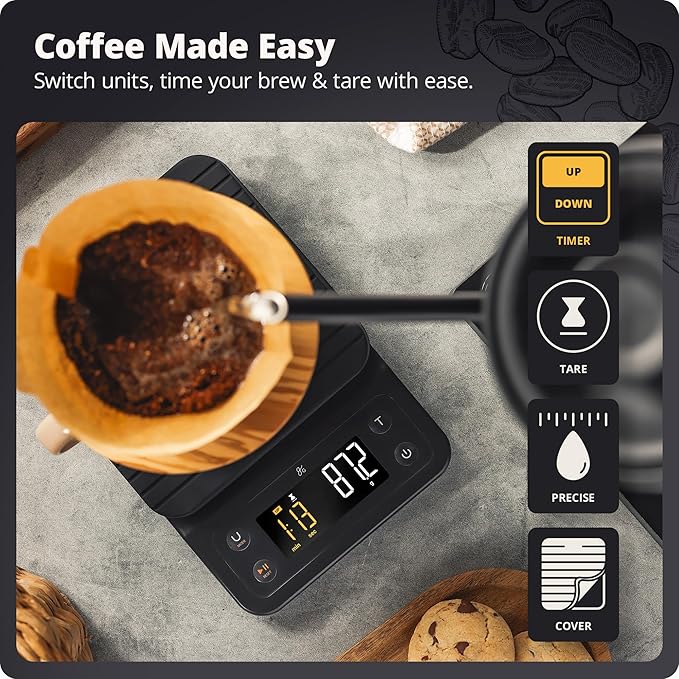 Greater Goods Digital Coffee Scale with Timer – Accurate 0.1g Precision, Multi-Color Display, Waterproof & Heat-Resistant Cover, for Pour-Over, Espresso, French Press, and Kitchen Use (Onyx Black)