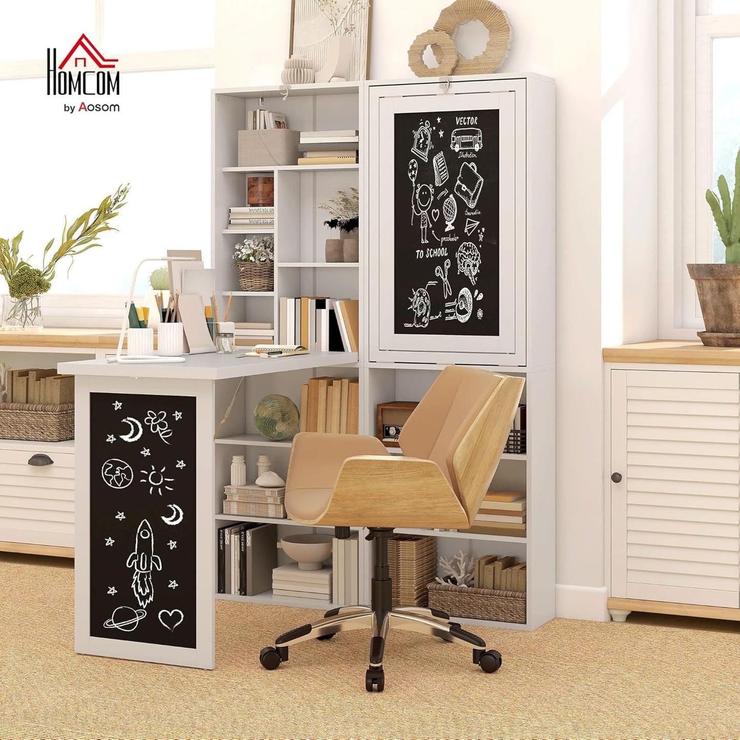 HOMCOM Fold-Out Convertible Writing Table, Wall Mount Desk Cabinet with Blackboard and Side Shelf Multi-Function Home Office Workstation, White