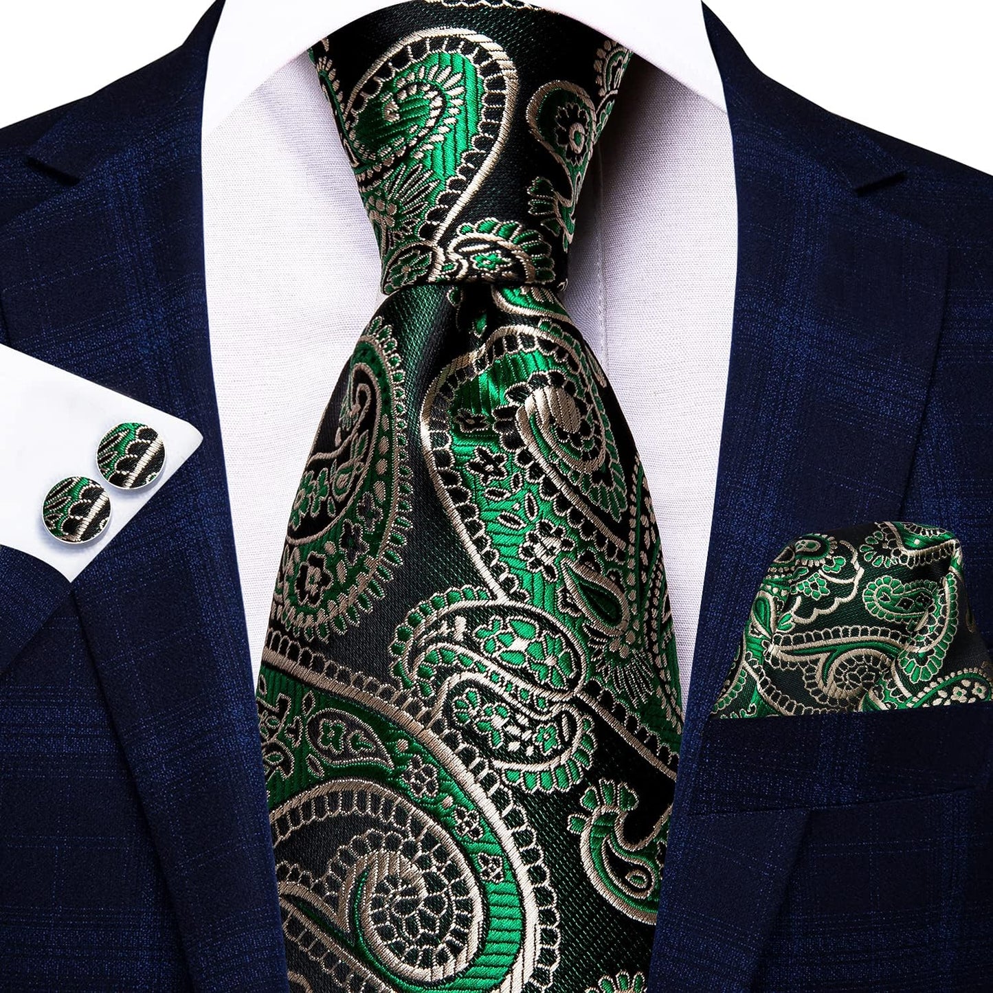 Hi-Tie Men 63inches Tie Set Extra Long Necktie Paisley Tie Pocket Suqare Cufflinks Big and Tall Men Tie