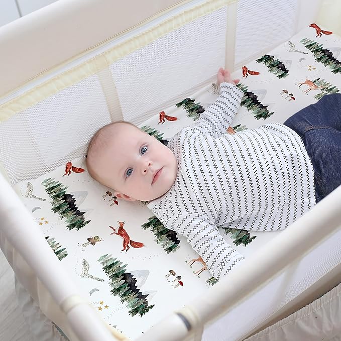 Pack and Play Sheets Fitted, Mini Crib Sheets for Graco Pack N Play Playard (38x26), Ultra Soft Organic Cotton Blend, Safe & Snug Playpen Mattress Sheet for Baby Boys & Girls – Starry Woodland, 2-Pack