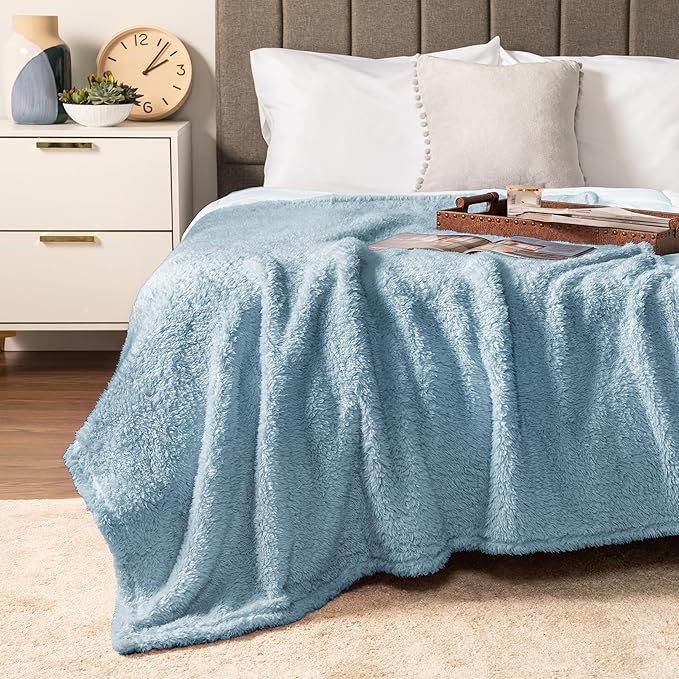 PAVILIA Sherpa Throw Blanket for Couch Sofa, Dusty Slate Blue Fluffy Warm Plush Blanket for Twin Bed, Cozy Super Soft Lightweight Throw, Fuzzy Decorative Blanket, All Season Home, 60x80