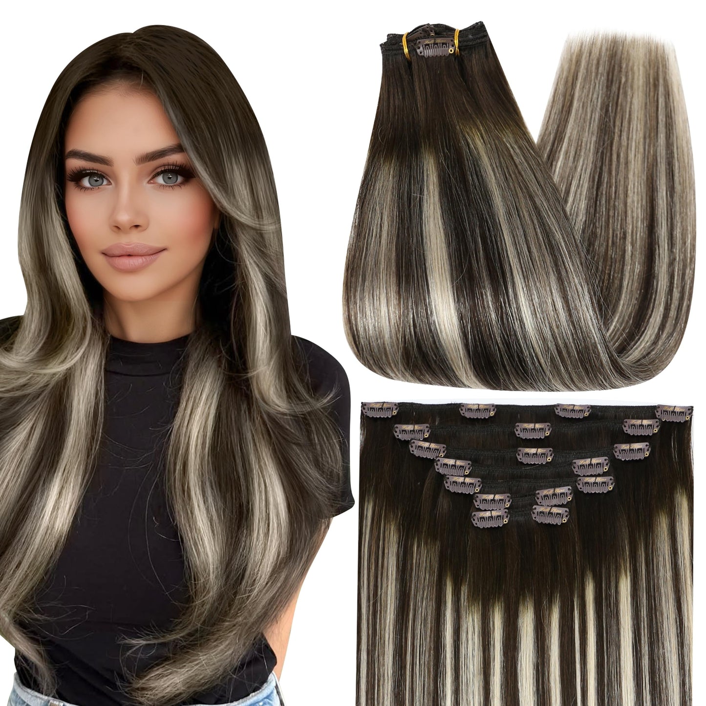 Full Shine Clip in Hair Extensions Real Human Hair Ombre Brown Remy Human Hair Clip in Extensions Balayage Dark Brown to Light B
