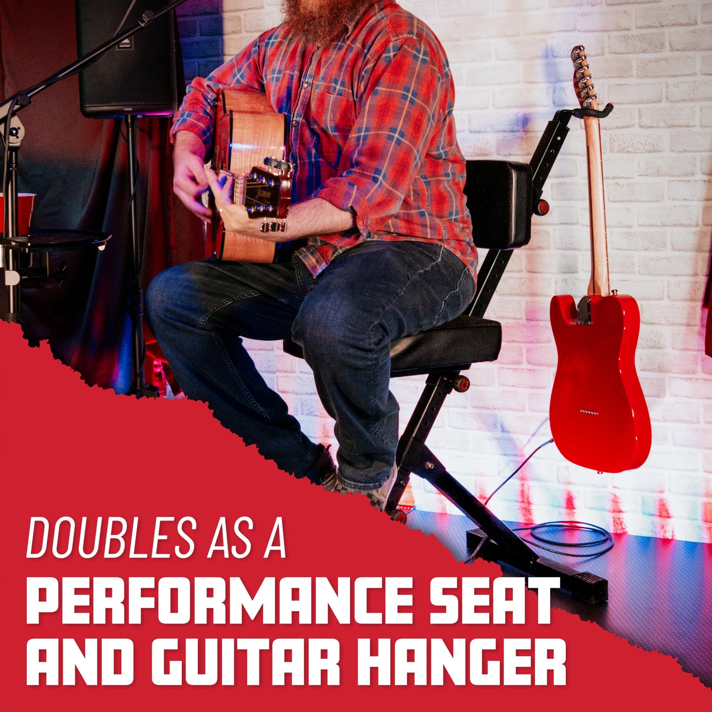 Gator Frameworks Deluxe Guitar Seat With Adjustable Padded Backrest And Cushion, Rear Guitar Hanger Holds Both Acoustic And Elec