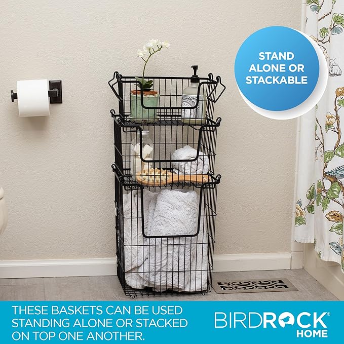 BIRDROCK HOME 3pc Stackable Wire Storage Bins - Fruit Vegetable Organizer - Modern Farmhouse - Pantry Cabinet - Metal Bin for Kitchen Countertop - Bathroom Storage - Black