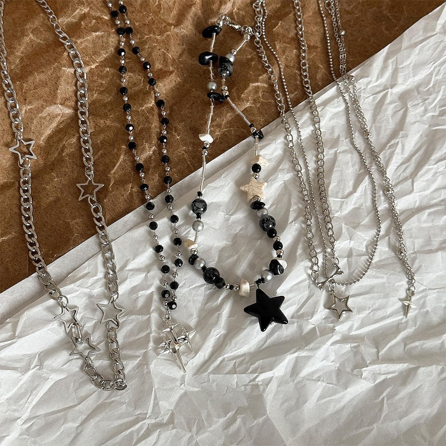 LIRUNQIN 5PCS Y2K Gothic Necklace Set – Star Pendant, Beaded Silver Chain, Grunge Emo Jewelry Pack – Alt Accessories for Women– Fairy Grunge, Alternative, Goth & Y2K Jewelry