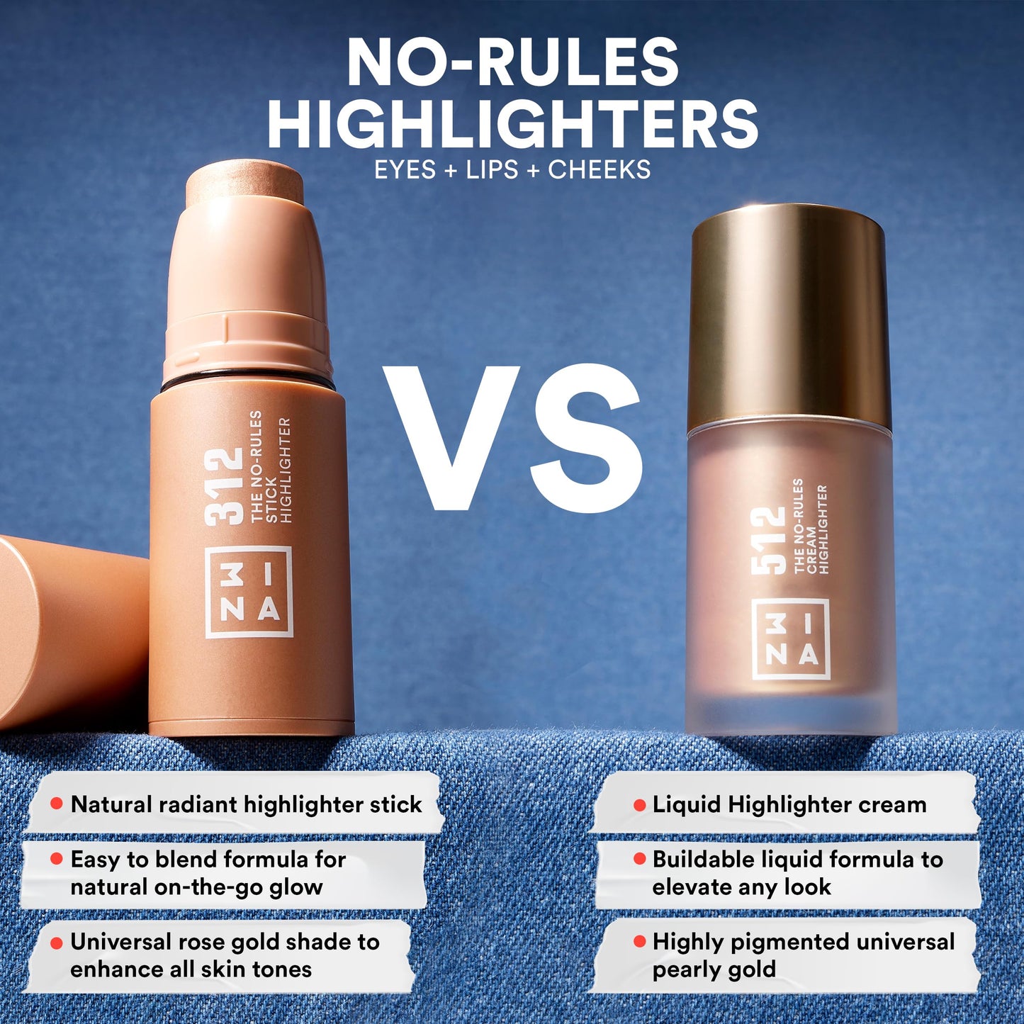 3INA MAKEUP - The No - Rules Stick Highlighter 312 - Rose Gold Tone Pen Highlighter - for Eyes Lips Cheeks - Highlighter Makeup