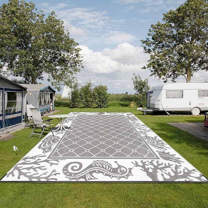 Vaukki Reversible Rugs, Plastic Straw Outdoor Doormat, Fade Resistant Plastic Outdoor Patio Mat, Lightweight Ocean Area Carpet for Patio, RV, Camping, Beach, Deck, Backyard and Picnic (Grey, 9'x12')