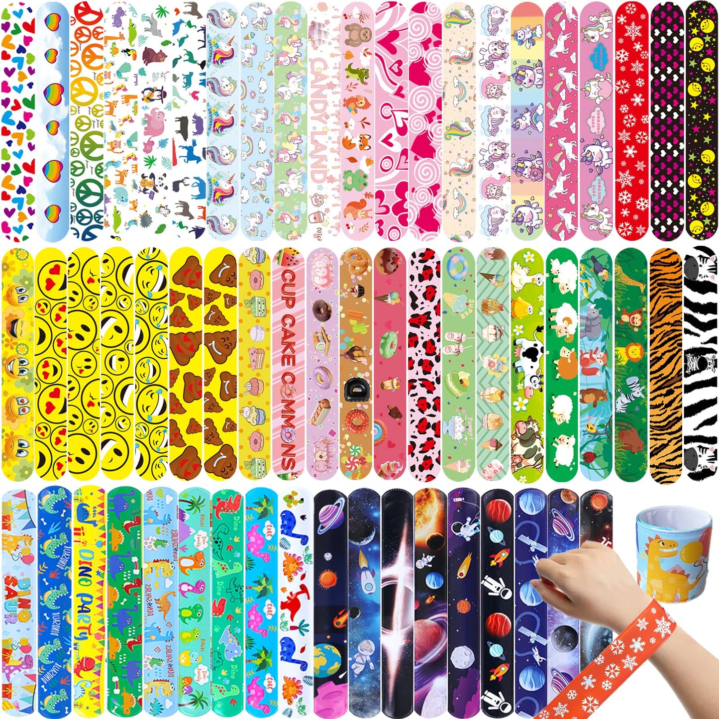 60 PCS Slap Bracelets for Kids, Christmas Gifts Colorful Bulk Wristbands with Animals, Galaxy, Dinosaurs, Donut, Party Favors, C