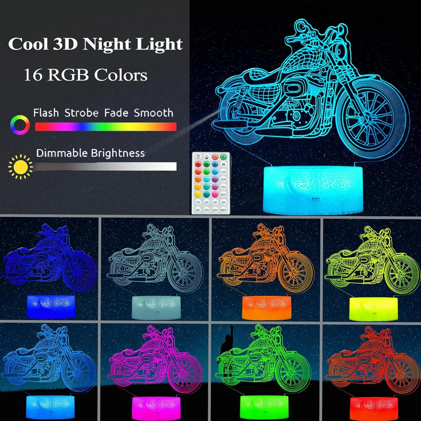 Motorcycle Gifts, Motorcycle Night Light, Motorbike 3D Illusion Lamp, 16 Colors Changing, Timer, 4 Flash Modes and Dimmable，LED, Kids Room Decoration, Xmas Birthday Gifts