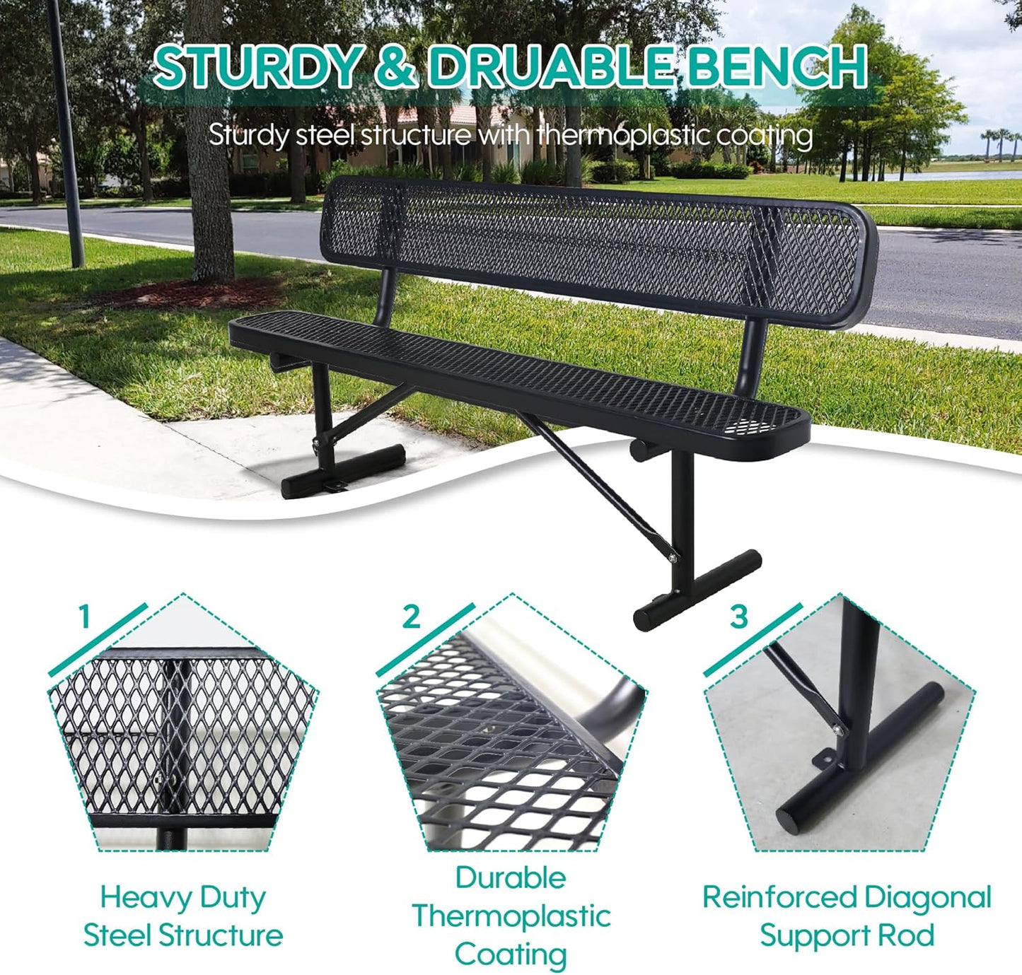 8 Feet Heavy Duty Metal Park Bench for Outside, Outdoor Bench with Backrest & Portable Frame, Commercial Benches for Shopping Malls, Stores, Parks, Patios, Decks, Black
