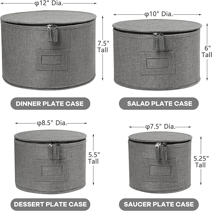 LotFancy China Storage Containers, Hard Shell, 4PCS Set, Dish Storage Box for Moving, Stackable Dinnerware Plate Organizer Bins with 48 Felt Dividers, Grey
