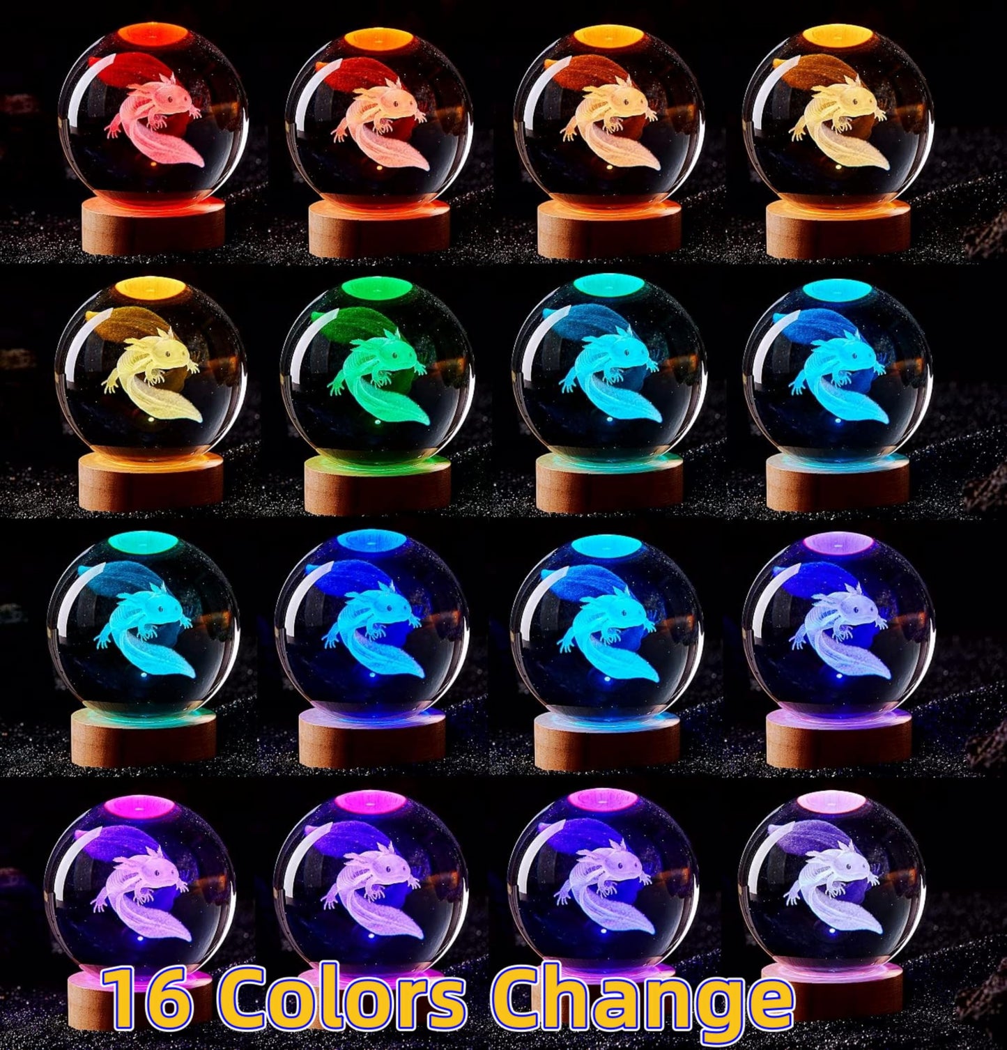 DIGFPWT Axolotl Crystal Ball Night Light, 3.15 Inch, LED Wooden Base, Remote Control, 16 Colors, Gift Box Packing, Axolotl A